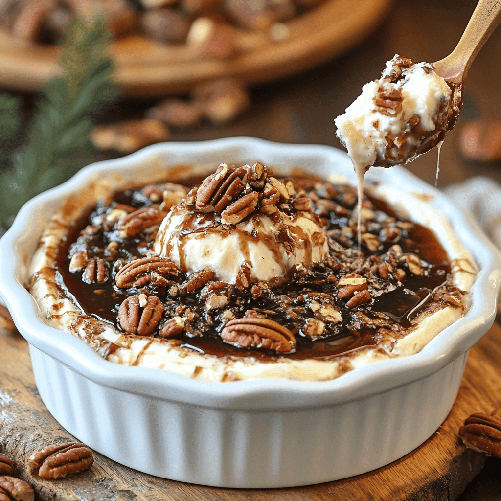 A rich, creamy dessert topped with pecans and caramel sauce, served in a white ceramic dish. A spoon lifts a gooey portion of the dessert, revealing its luscious texture.