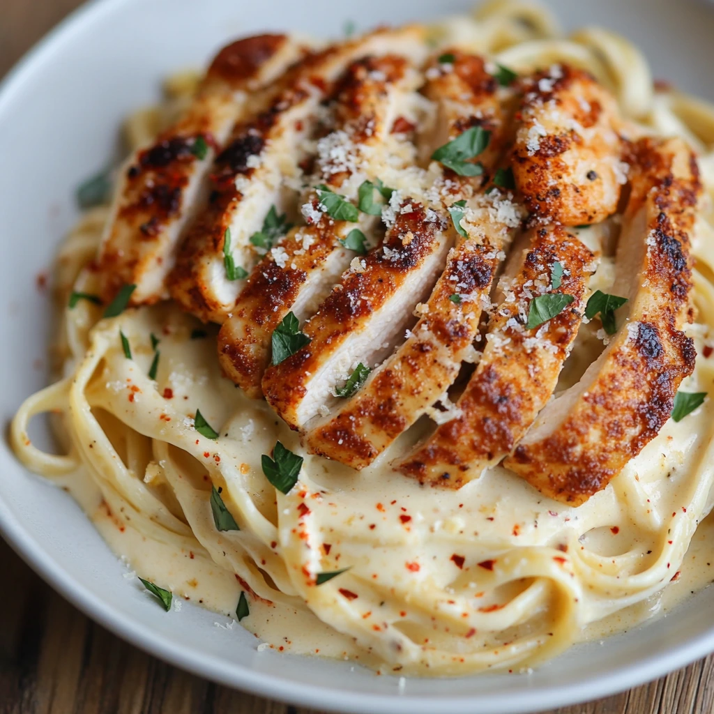 "A close-up of Cajun Chicken and Shrimp Alfredo Pasta elegantly plated on a white ceramic dish, featuring creamy fettuccine topped with golden-brown chicken slices, plump shrimp, fresh parsley, grated Parmesan, and a sprinkle of chili flakes."