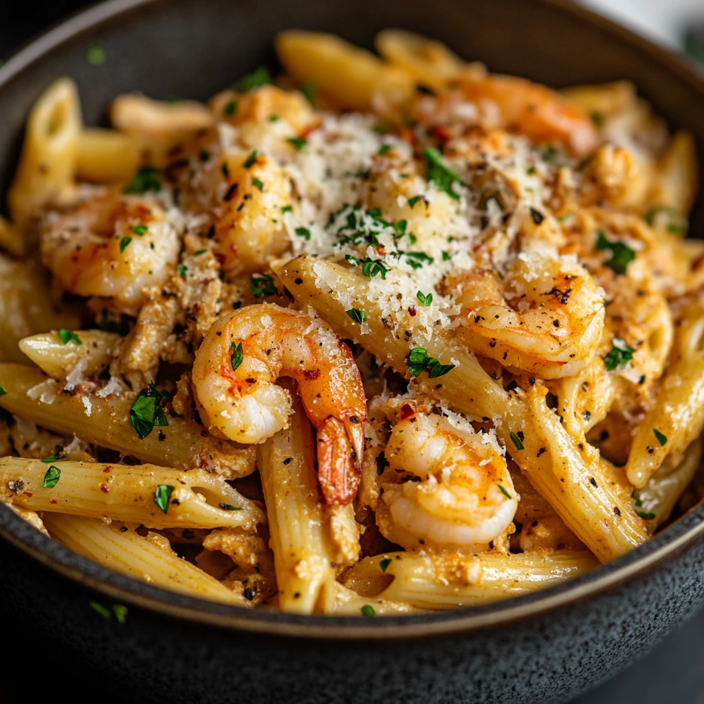 A close-up of perfectly plated Cajun chicken and shrimp penne pasta, garnished with parsley and Parmesan.
