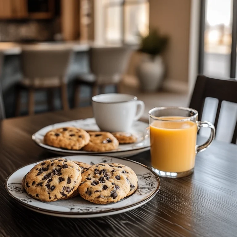 A plate of freshly brookie recipe, accompanied by a glass of orange juice and a cup of coffee, in a cozy kitchen setting.