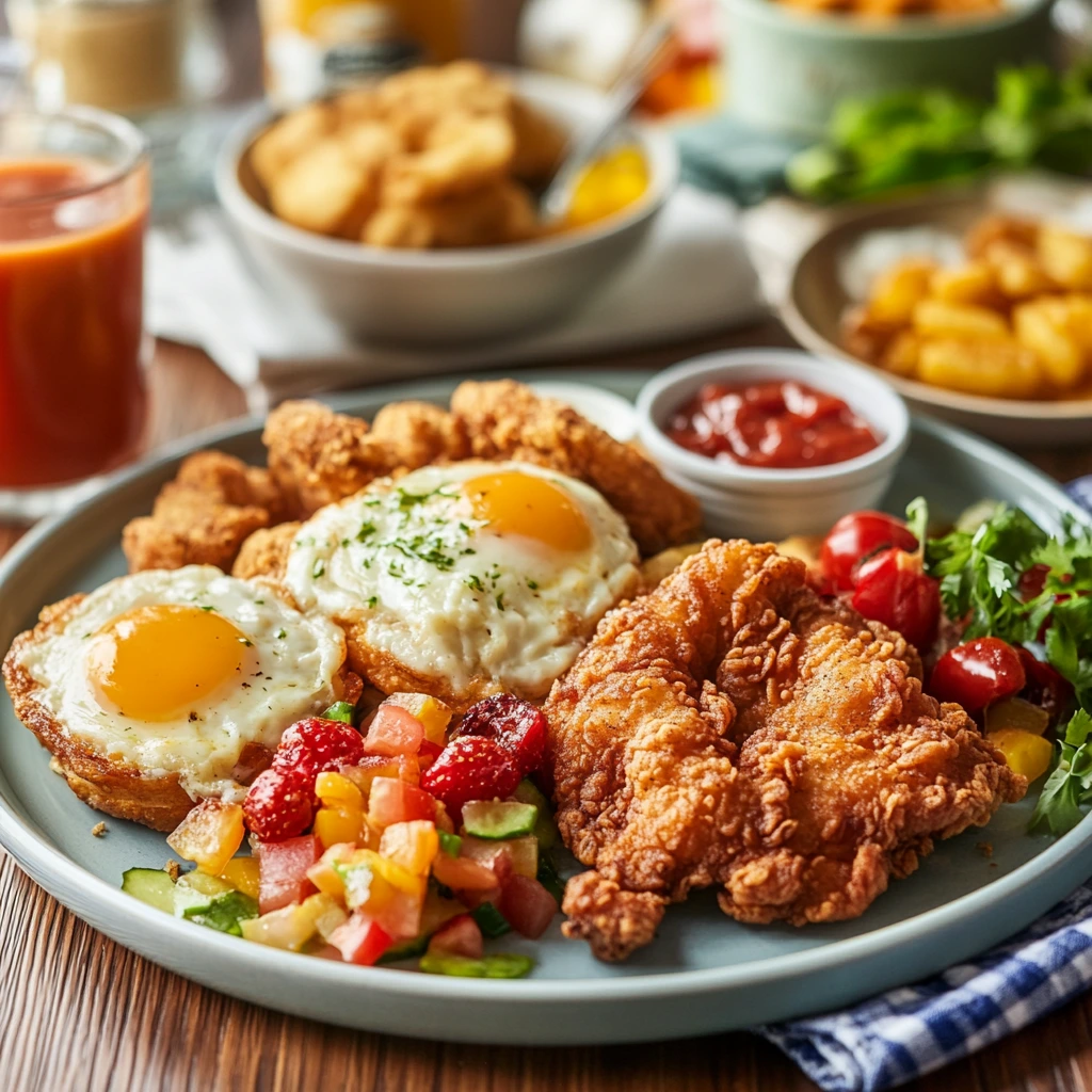 "A welcoming and vibrant breakfast scene featuring a Easy Fried Chicken Breakfast