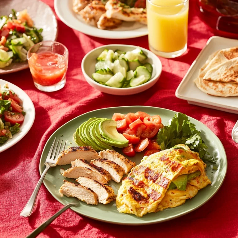 "Healthy chicken breakfast spread featuring avocado toast, chicken omelette, and breakfast wraps on a rustic table."