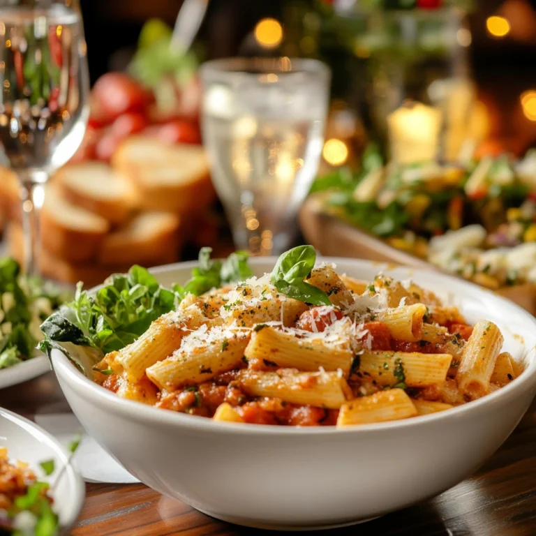 "A serving of Cajun pasta in a white bowl, surrounded by garlic bread, green salad, and glasses of water on a warmly lit dinner table."