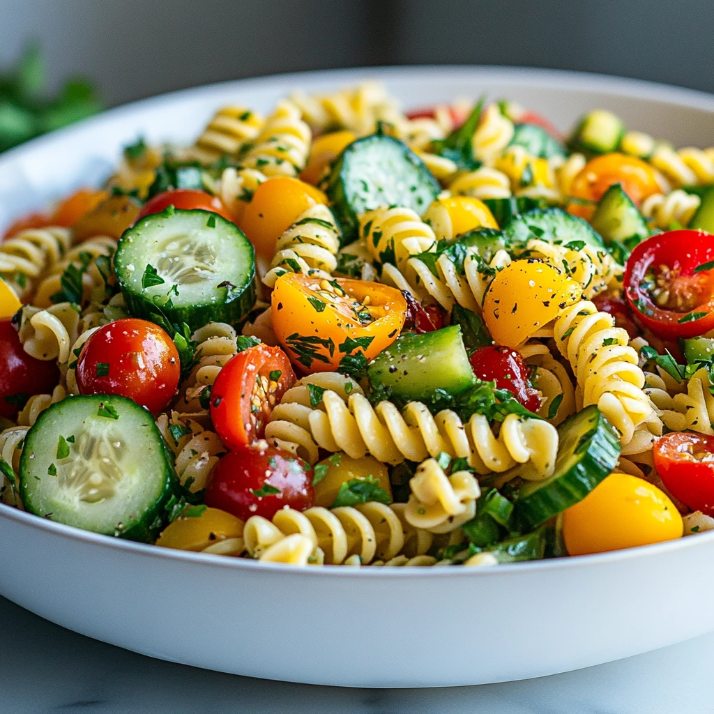 A vibrant bowl of pasta salad with cherry tomatoes, cucumbers, bell peppers, and fresh herbs, beautifully displayed on a rustic kitchen table.