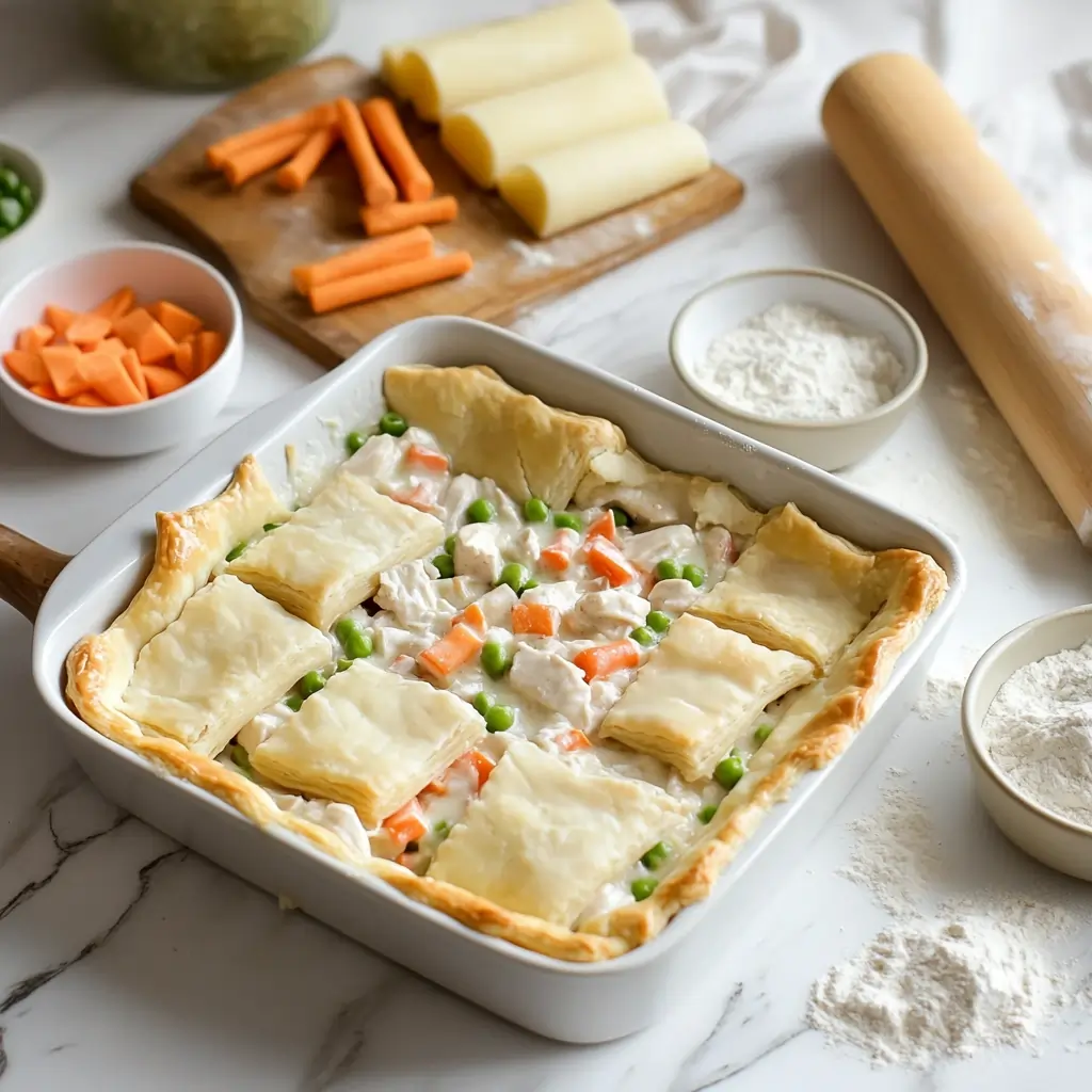 A detailed and visually engaging scene showing the process of assembling a chicken pot pie with crescent rolls and cream cheese.