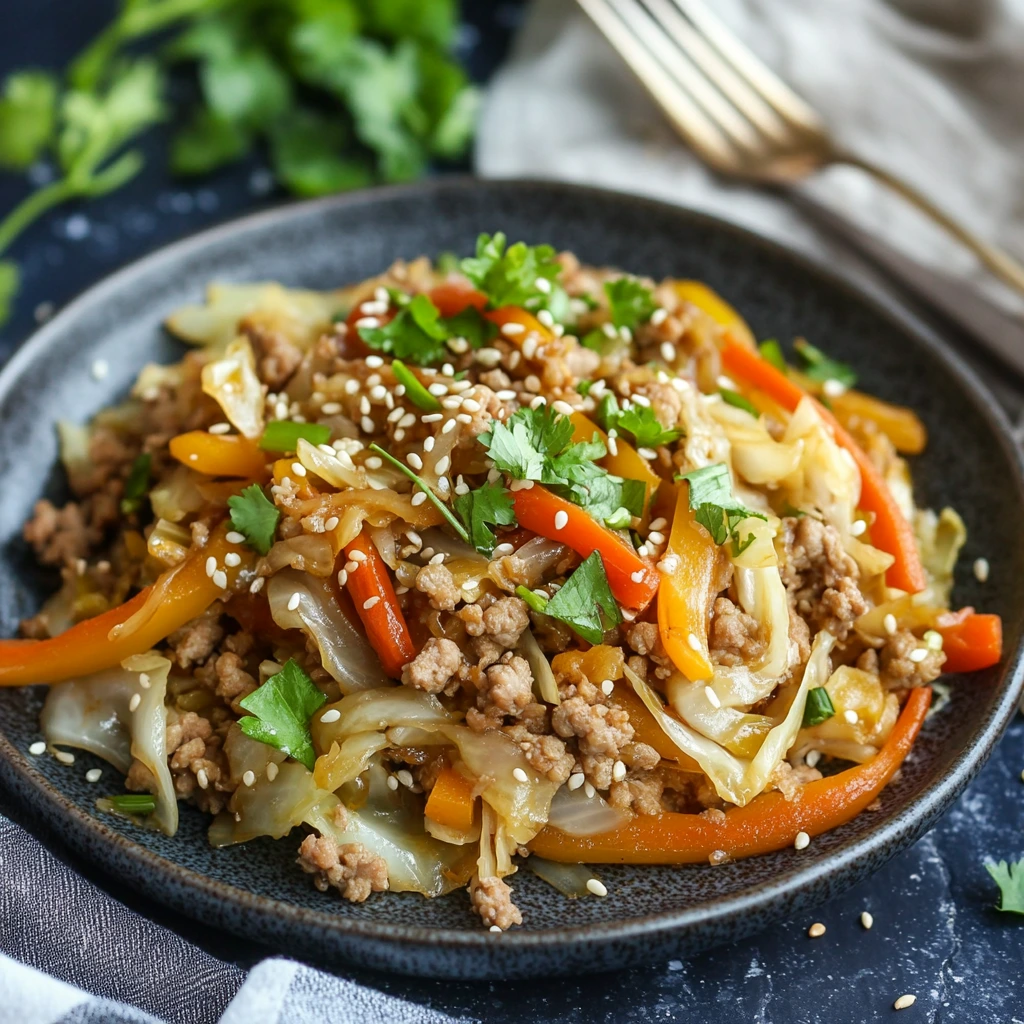 A colorful plate of ground turkey and cabbage recipes stir-fry garnished with fresh parsley and sesame seeds, served on a rustic wooden table.