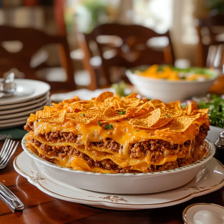 A freshly baked Dorito casserole surrounded by ingredients like cheese, ground beef, and diced tomatoes on a cozy dinner table.