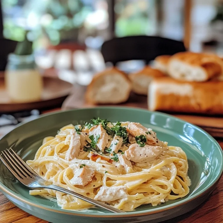 A plate of creamy chicken fettuccine Alfredo garnished with parsley, served on a green plate with a fork, accompanied by fresh bread in the background.