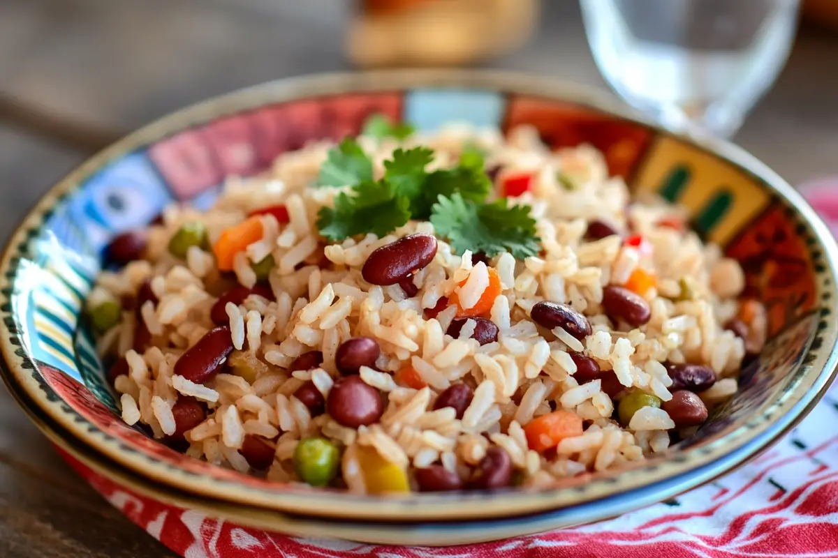 A colorful plate of rice and beans garnished with fresh cilantro, served on a patterned ceramic dish.