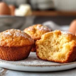 What is the secret to moist muffins? freshly baked golden muffins, one of which is halved to reveal a fluffy, moist interior. Lightly dusted with powdered sugar, the muffins are set against a warm kitchen backdrop with eggs, butter, and soft natural lighting.