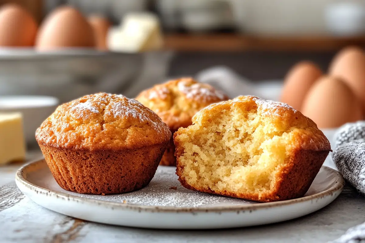 What is the secret to moist muffins? freshly baked golden muffins, one of which is halved to reveal a fluffy, moist interior. Lightly dusted with powdered sugar, the muffins are set against a warm kitchen backdrop with eggs, butter, and soft natural lighting.