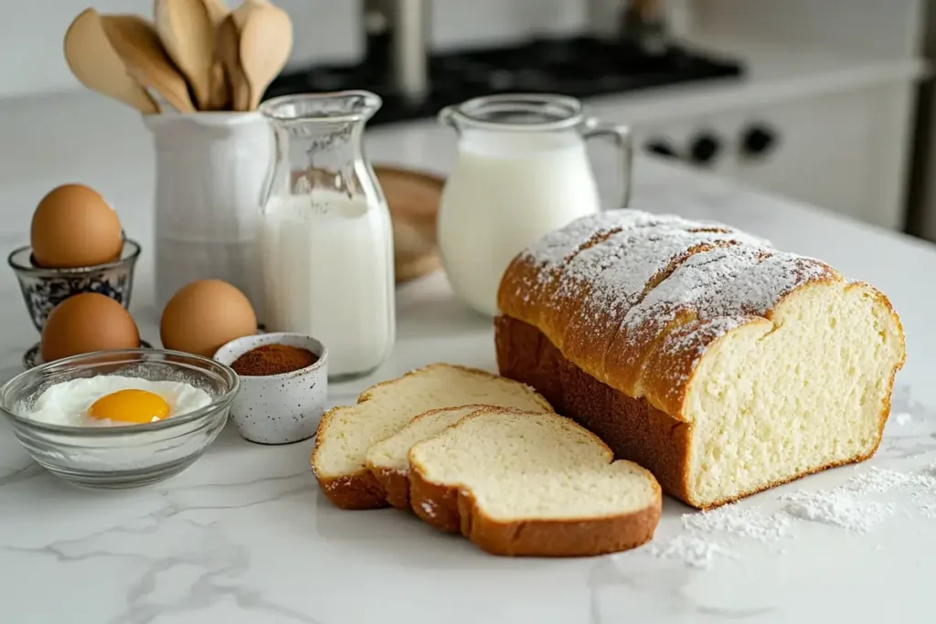 A rustic kitchen counter with a loaf of brioche bread, fresh eggs in a bowl, a glass pitcher of milk, vanilla extract, a dish of sugar, and cinnamon on a wooden spoon, ready for making French toast