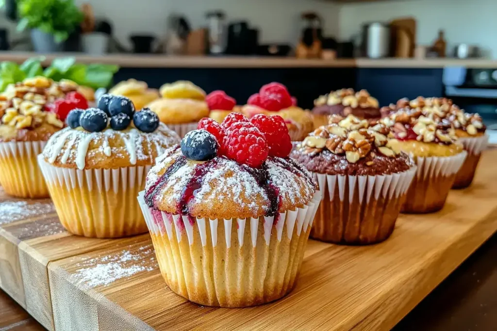 Assorted cinnamon sugar French toast muffins on a wooden board, featuring variations like berry-topped, nut-filled, chocolate-drizzled, and powdered sugar options in a rustic kitchen setting