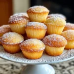 A plate of golden, fluffy muffin-like pastries topped with a sparkling layer of sugar, neatly stacked and displayed on a white