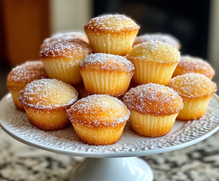 A plate of golden, fluffy muffin-like pastries topped with a sparkling layer of sugar, neatly stacked and displayed on a white
