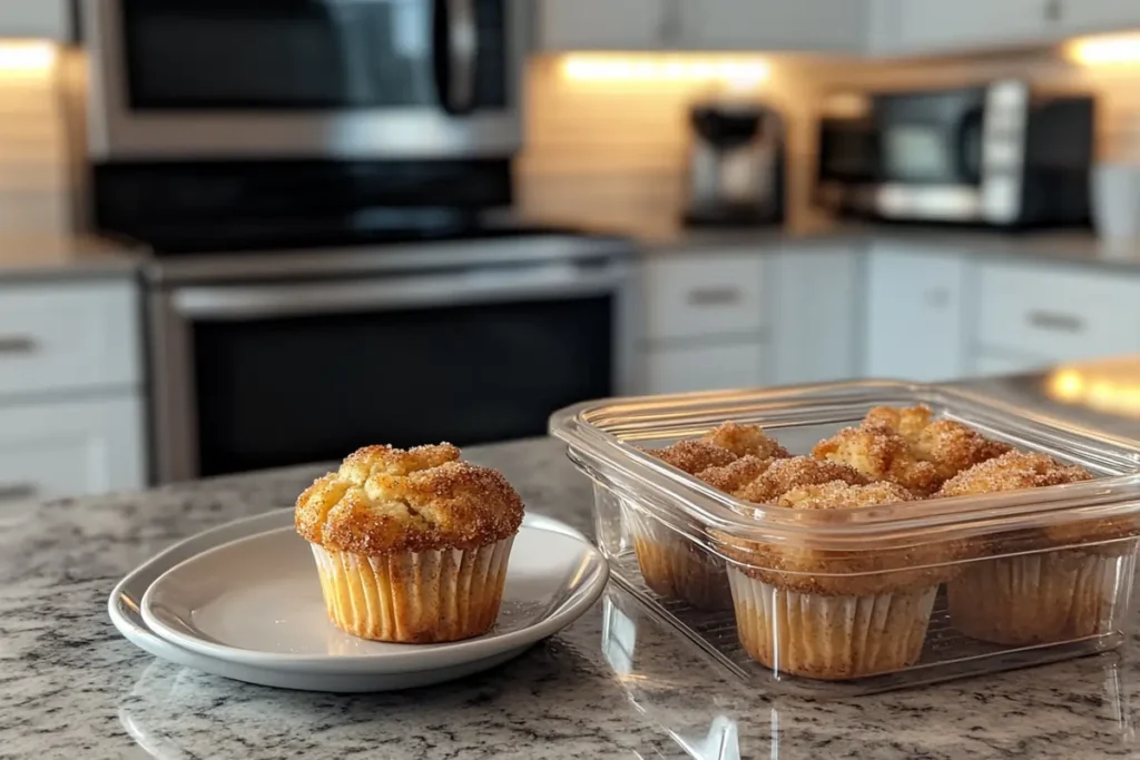 Clear airtight container with cinnamon sugar French toast muffins on a kitchen countertop, accompanied by a plate with a reheated muffin and a microwave in the background.