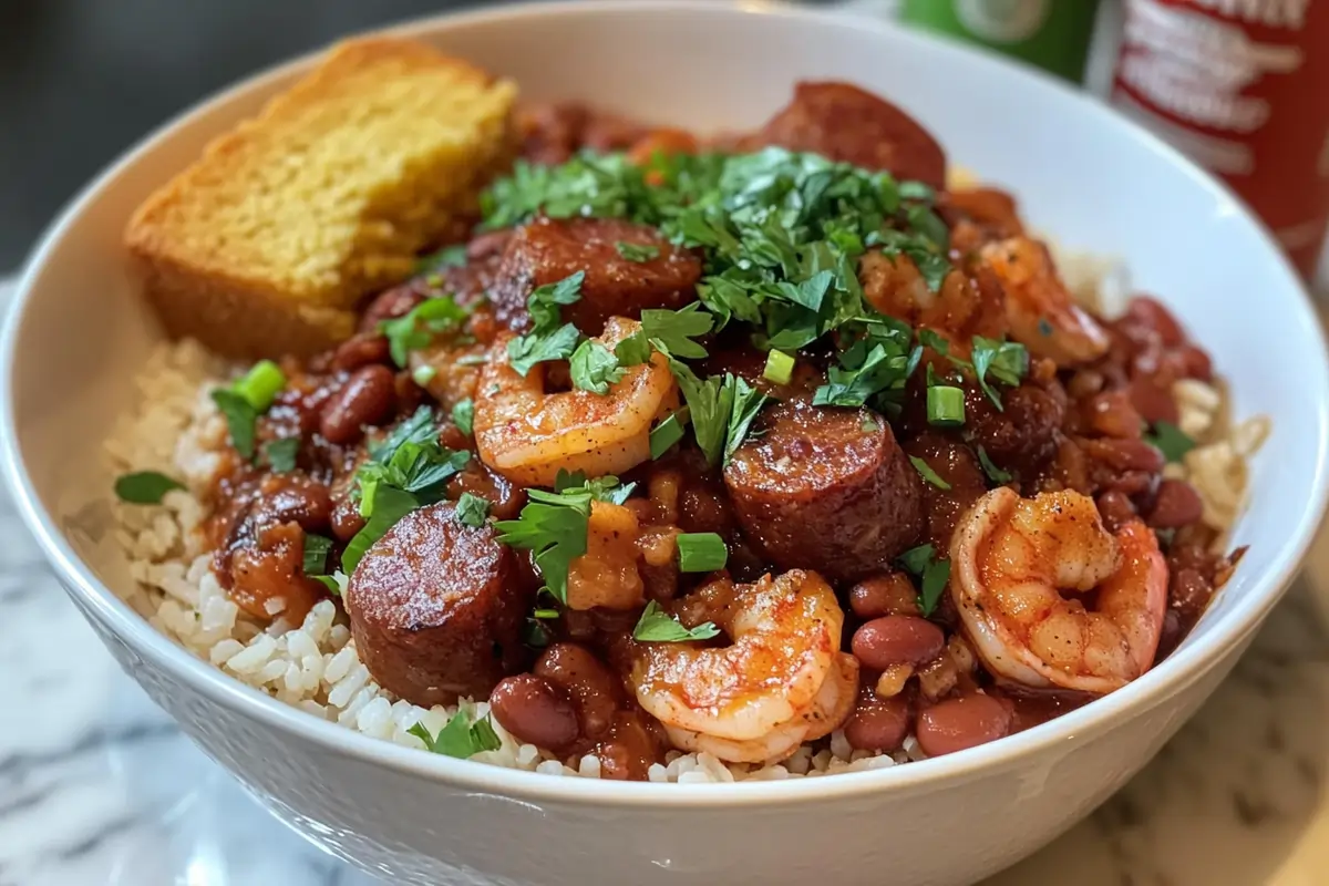 Close-up of a bowl filled with red beans, fluffy white rice, plump shrimp, and smoky sausage slices, garnished with parsley and green onions, served alongside cornbread and hot sauce