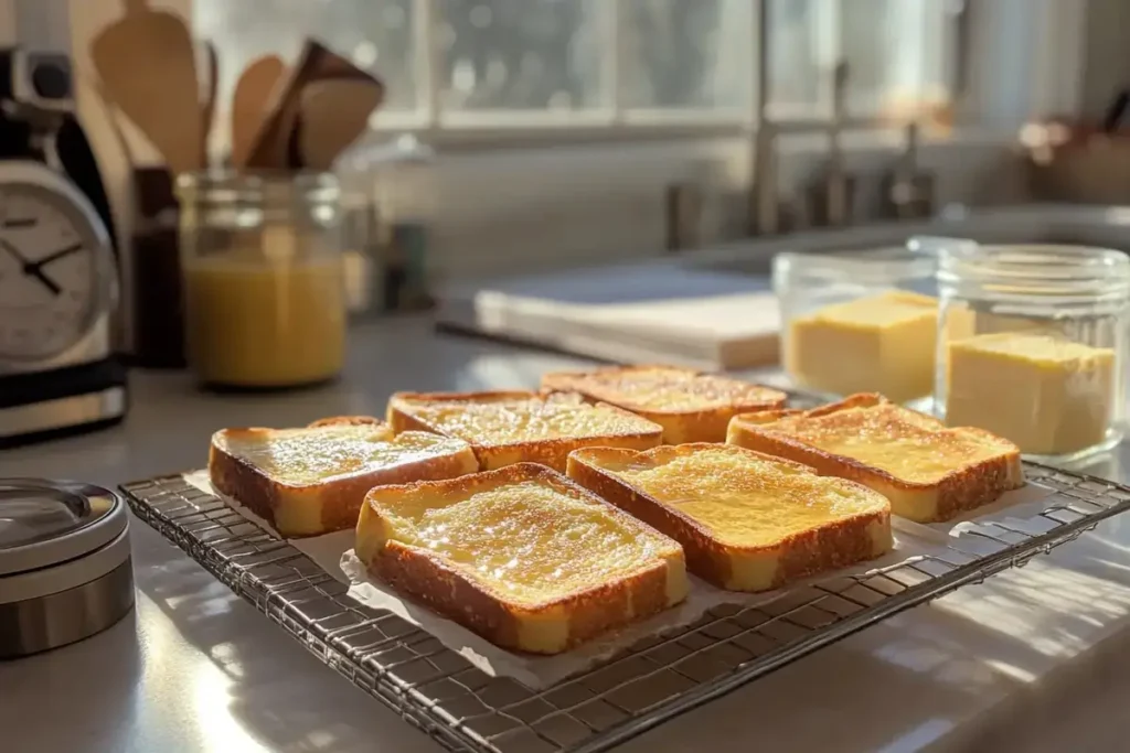 French toast slices cooling on a wire rack in a cozy kitchen, with a storage container nearby holding stacked slices separated by parchment paper, alongside butter and syrup
