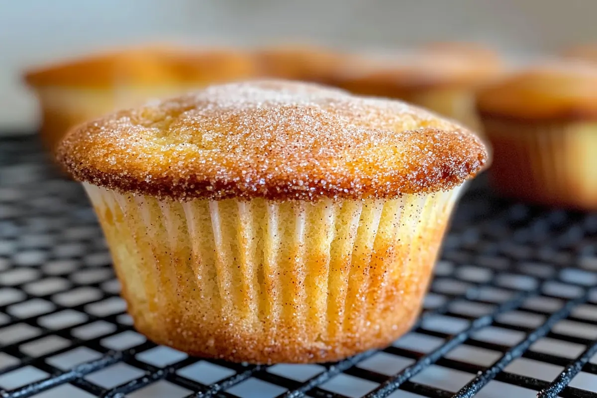 Cinnamon sugar French Toast muffins hearty Delish, topped with a dusting of cinnamon sugar, placed on a black wire cooling rack.