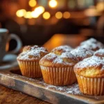 Best cinnamon sugar French toast muffins on a wooden tray, sprinkled with powdered sugar and cinnamon, in a cozy kitchen setting.