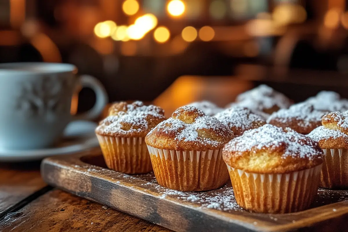 Best cinnamon sugar French toast muffins on a wooden tray, sprinkled with powdered sugar and cinnamon, in a cozy kitchen setting.