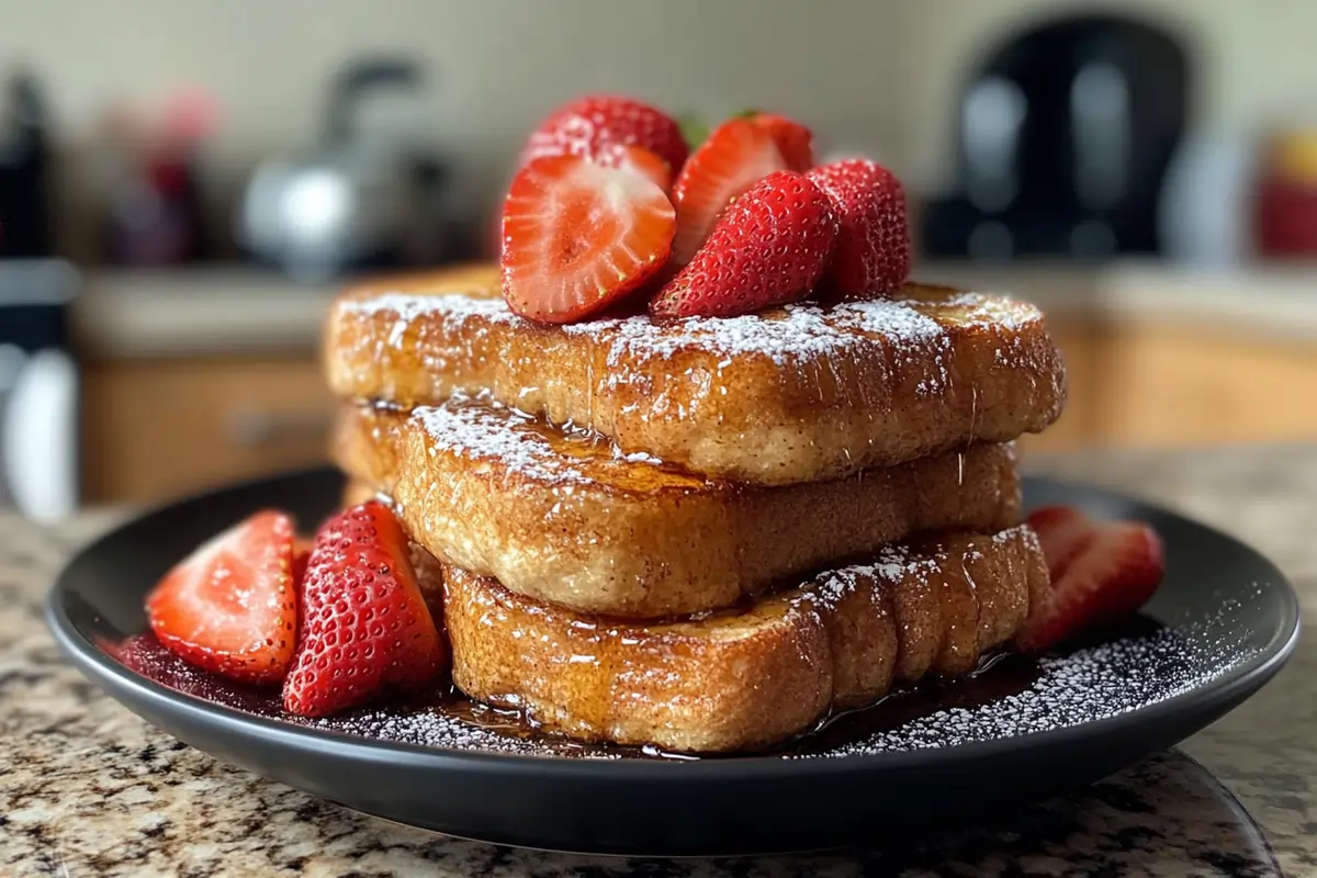 What is the trick to French toast?A stack of golden-brown French toast topped with