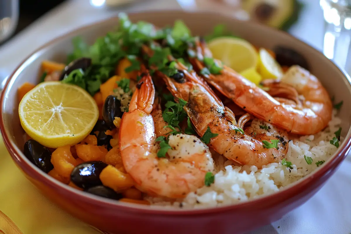 Shrimp black beans and rice served in a wide, shallow red bowl