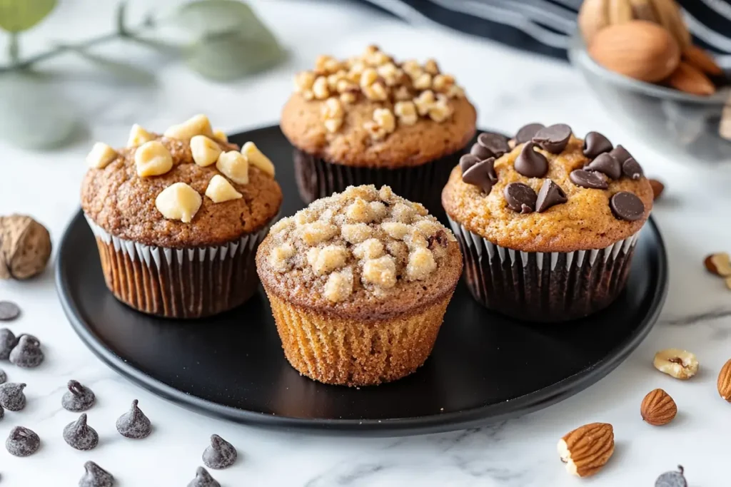Three muffin variations displayed side by side: classic Cinnamon sugar French Toast muffins, hearty and delish, a vegan version with plant-based ingredients, and a gluten-free version