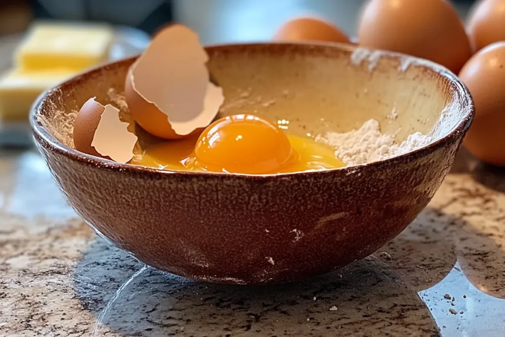 A close-up of a rustic brown bowl containing a cracked egg with its bright yolk, surrounded by flour. Eggshells rest on the edge of the bowl, and additional whole eggs and butter blocks are visible in the blurred background on a kitchen countertop.