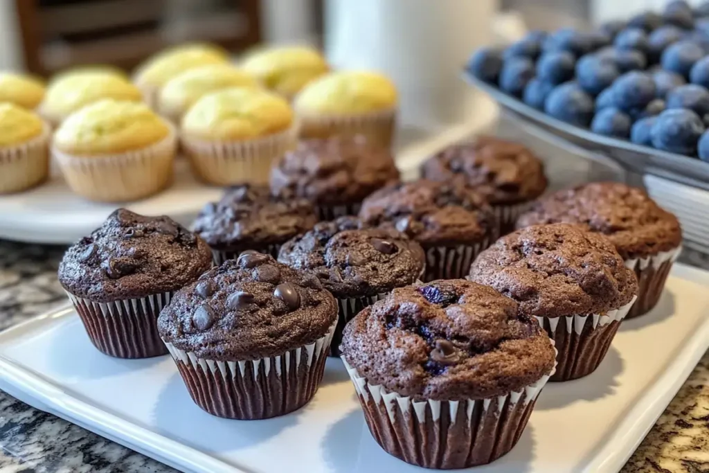 What is the secret to moist muffins? A platter of rich, chocolate muffins studded with chocolate chips, placed in the foreground, accompanied by a tray of golden vanilla muffins in the background. A bowl of fresh blueberries adds a touch of vibrant color, creating a cozy and inviting kitchen scene.