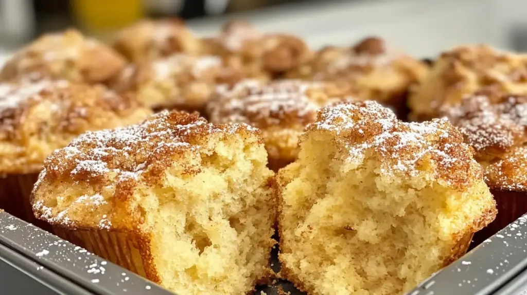 Close-up of freshly baked cinnamon sugar French toast muffins with golden, cinnamon-sugar-coated tops, some cut open to reveal a soft, fluffy interior, surrounded by maple syrup and powdered sugar in a cozy setting