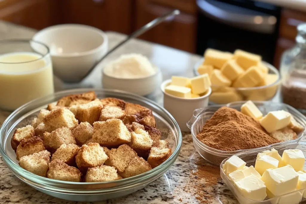 A flat lay of key ingredients for cinnamon sugar French toast muffins, hearty delish, including bread cubes, eggs, milk, cinnamon, sugar, vanilla extract, and butter, arranged neatly on a rustic wooden table.
