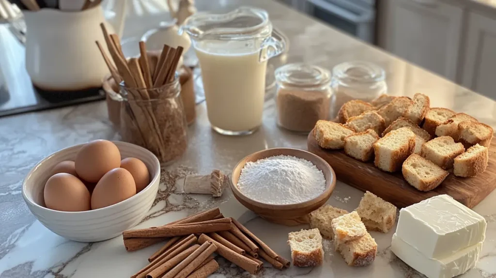 Top-down view of ingredients for cinnamon sugar French toast muffins, including eggs, milk, cinnamon sticks, sugar, bread cubes, vanilla extract, and butter, arranged on a rustic kitchen counter with warm lighting.