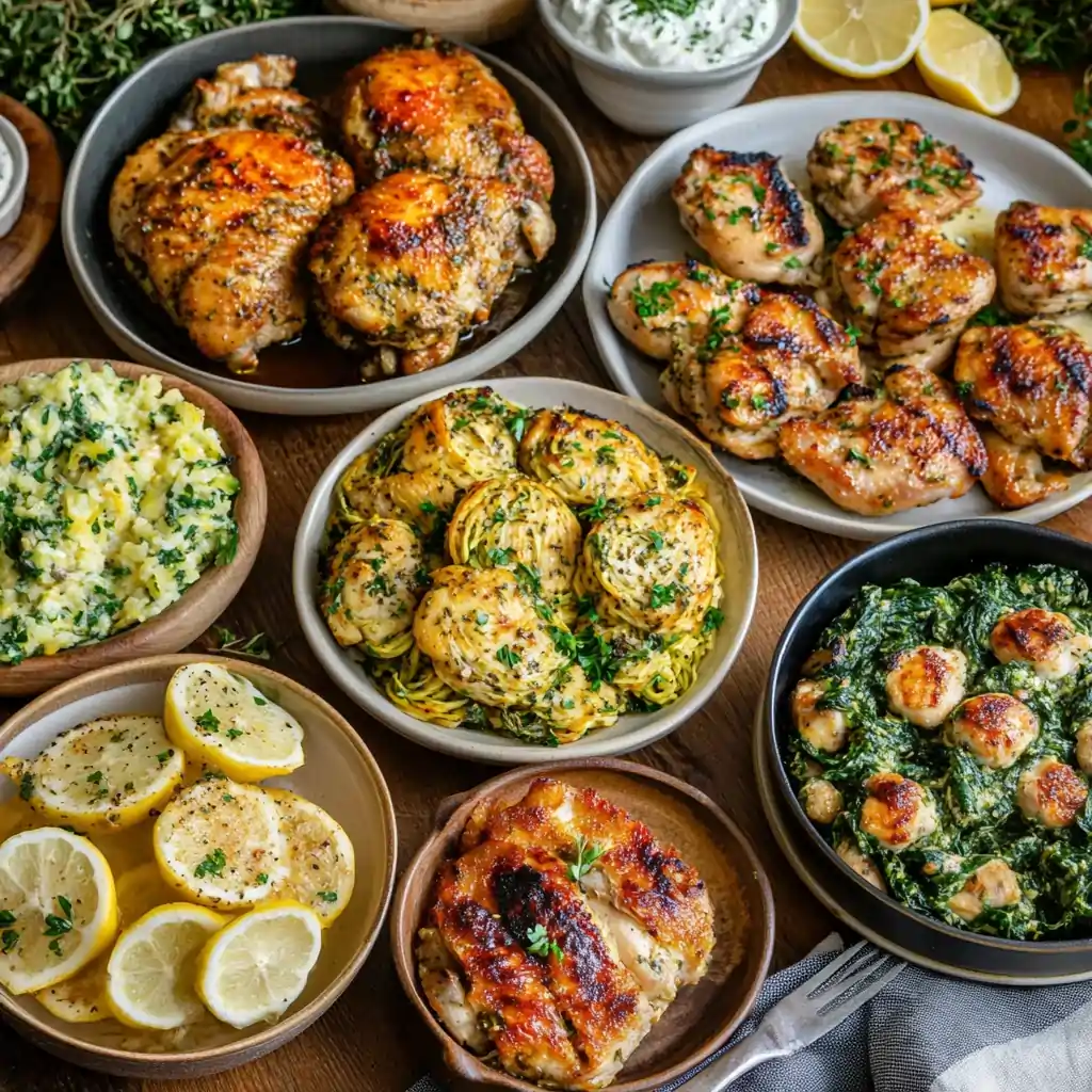 A vibrant spread of keto chicken dishes, including roasted chicken thighs, creamy garlic