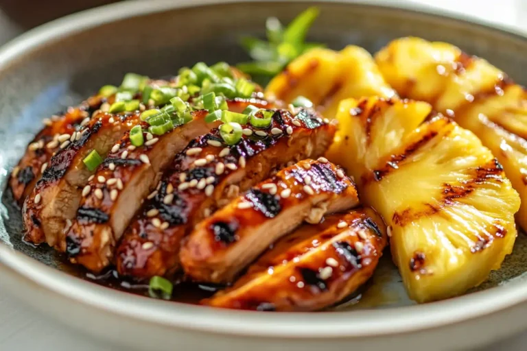 Sliced grilled pineapple chicken garnished with sesame seeds and green onions, served with grilled pineapple slices.