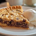 A thick slice of chocolate chip cookie pie with a golden crust, served warm with a scoop of vanilla ice cream melting on the side.