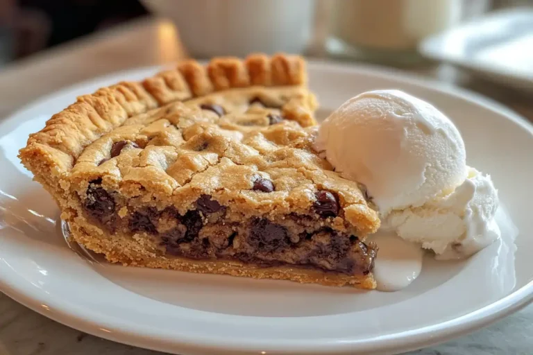 A thick slice of chocolate chip cookie pie with a golden crust, served warm with a scoop of vanilla ice cream melting on the side.