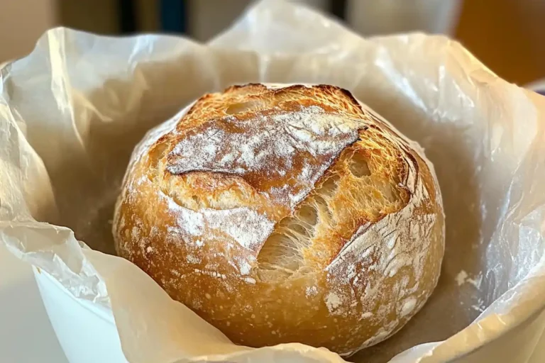 A freshly baked round loaf of artisan bread with a golden, crispy crust and a dusting of flour on top