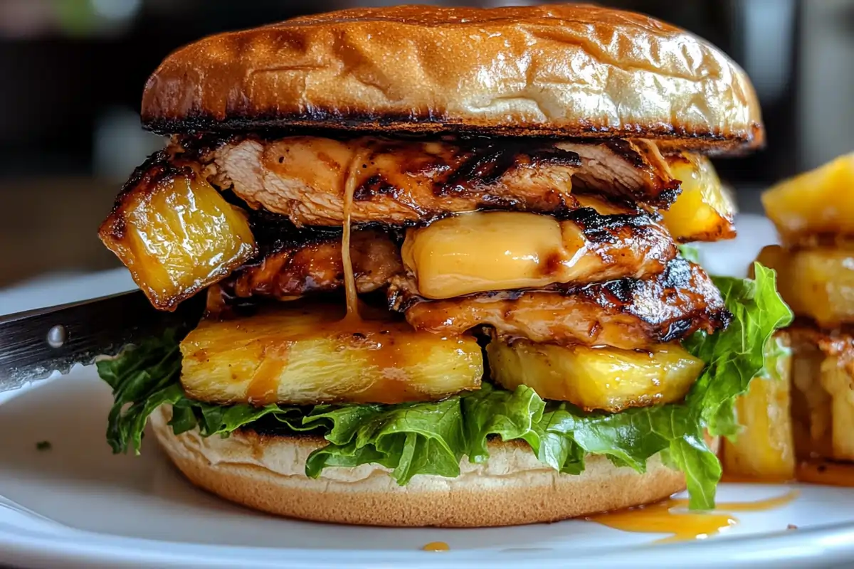 A freshly made Teriyaki Chicken Sandwich sits on a wooden plate. Layers of grilled teriyaki chicken, caramelized pineapple, melted cheese, crisp lettuce, and spicy mayo drizzle are stacked between a toasted brioche bun. A knife slices through, revealing juicy textures.