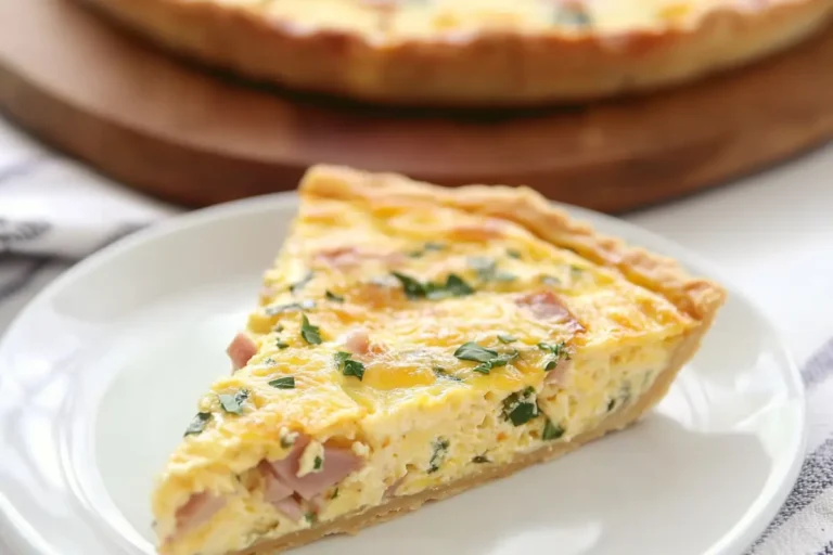 A slice of Tortilla Egg Bake on a white plate, with the remaining quiche on a wooden board in the background. The golden, flaky crust and creamy, cheesy filling are garnished with fresh herbs.