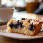 A slice of blueberry cake with a golden crust and soft, fluffy interior, topped with powdered sugar and fresh blueberries, served on a white plate with a cup of coffee in the background.