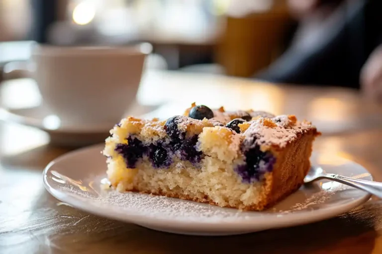 A slice of blueberry cake with a golden crust and soft, fluffy interior, topped with powdered sugar and fresh blueberries, served on a white plate with a cup of coffee in the background.