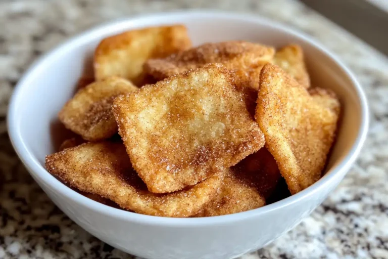 A white bowl filled with golden-brown fried wontons coated in cinnamon sugar, placed on a marble countertop.