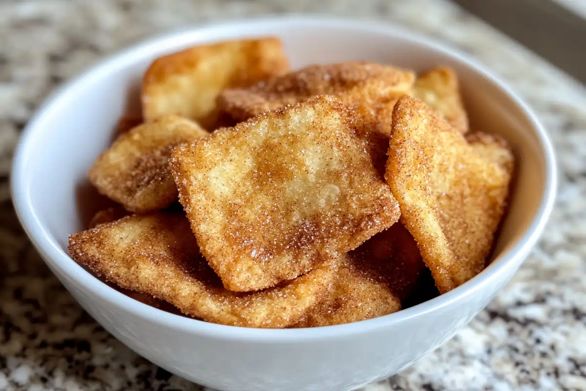 A white bowl filled with golden-brown fried wontons coated in cinnamon sugar, placed on a marble countertop.