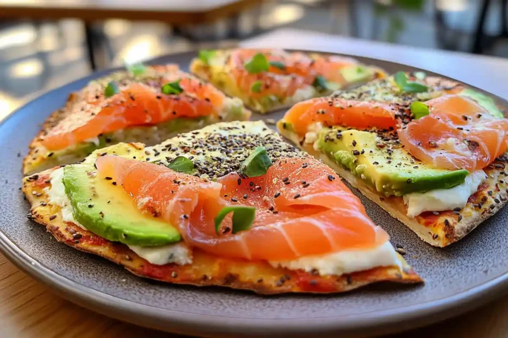 A close-up of a crispy flatbread topped with smoked salmon, avocado slices, creamy cheese, chia seeds, and fresh herbs, served on a dark plate in a bright dining setting.