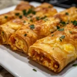 A close-up of golden-brown breakfast rolls filled with scrambled eggs, tomatoes, and melted cheese, garnished with fresh herbs, served on a white plate.