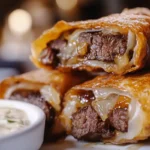 Golden-brown steak and cheese egg rolls stacked on a rustic wooden plate, with one cut in half to reveal juicy steak, melted cheese, and sautéed onions inside, accompanied by a small dish of creamy