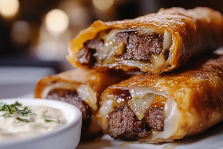 Golden-brown steak and cheese egg rolls stacked on a rustic wooden plate, with one cut in half to reveal juicy steak, melted cheese, and sautéed onions inside, accompanied by a small dish of creamy