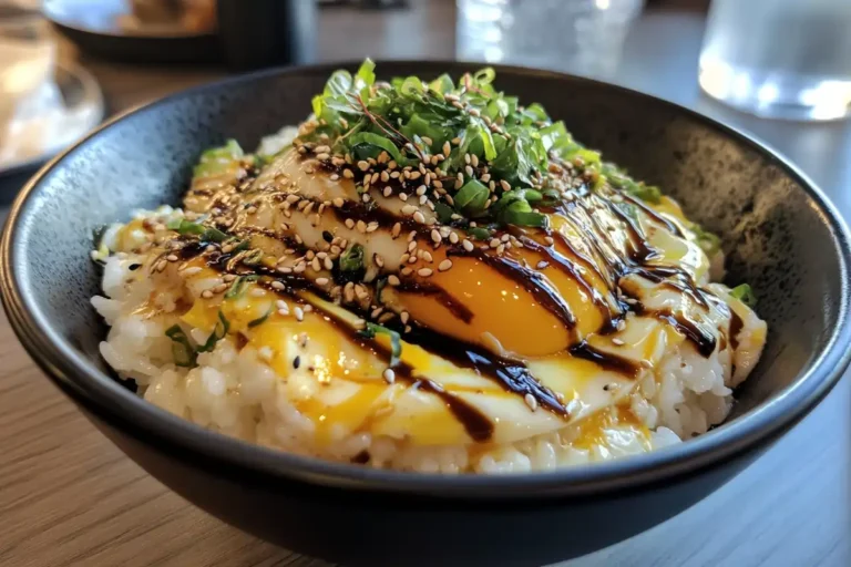 A close-up of a bowl of rice topped with a raw egg yolk, drizzled with a dark savory sauce, and garnished with chopped green onions and sesame seeds.