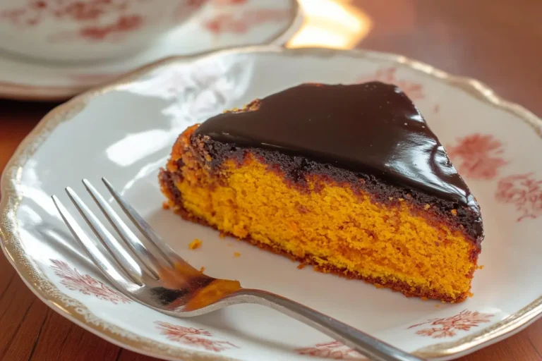 a piece of brazilian carrot cake taken by a fork, the rest of the cake is placed in a white plate on the table.